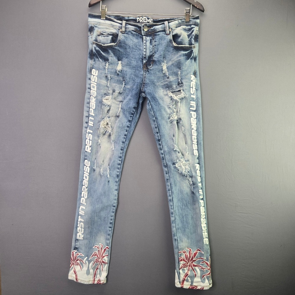 Preme Jeans Rest In Paradise Distressed Graphic Denim 34x33 Blue Palm Tree Slim